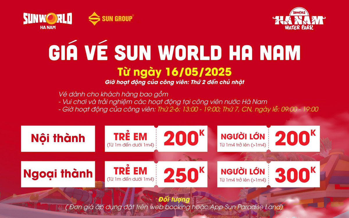 giá vé công viên nước sun world hà nam