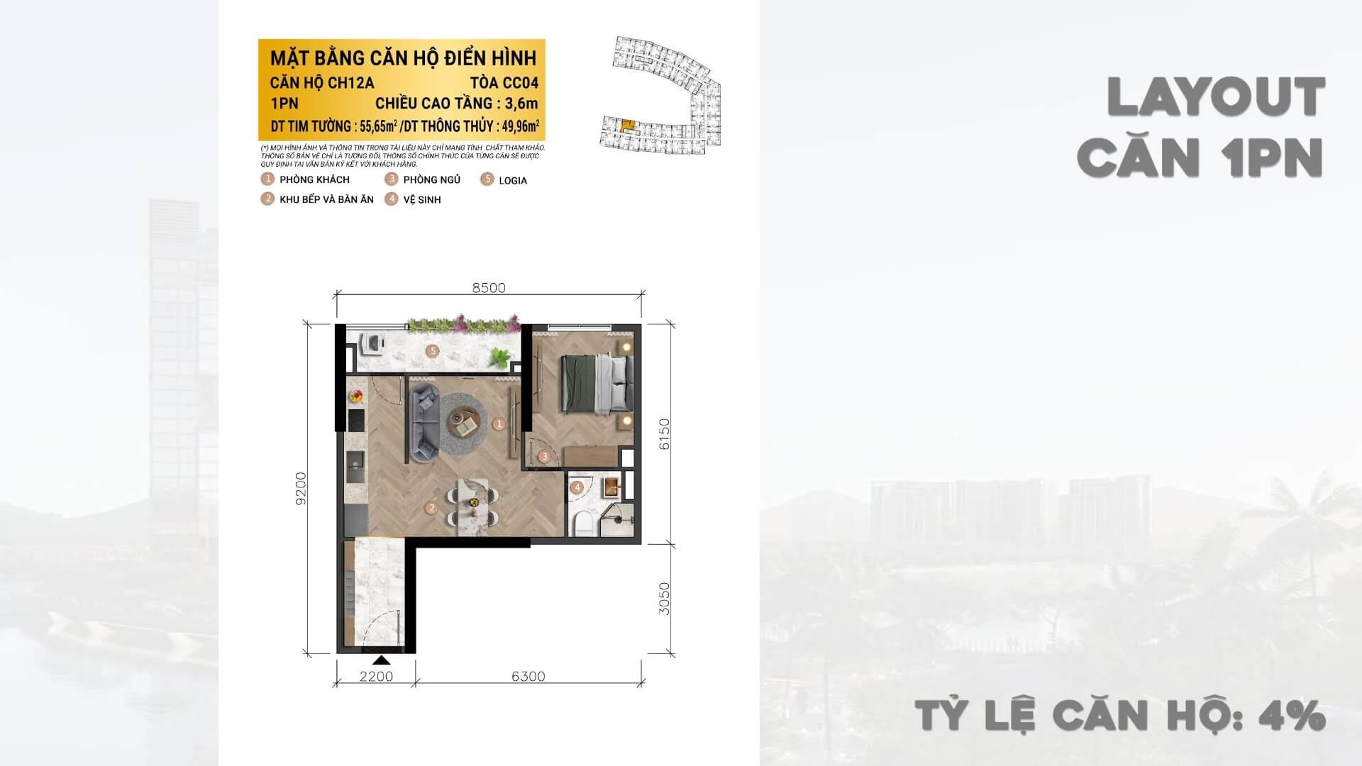 thiết kế căn hộ 1 phòng ngủ charmora city nha trang